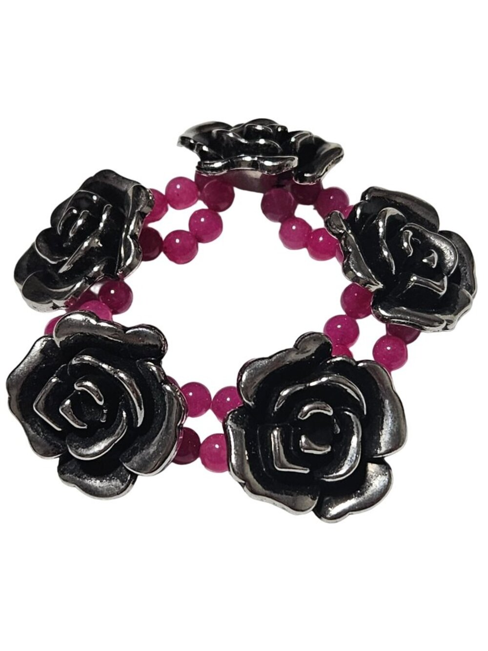 Vintage Gunmetal Rose Bracelet Hot Pink Beads Stretch Romantic Goth Fashion